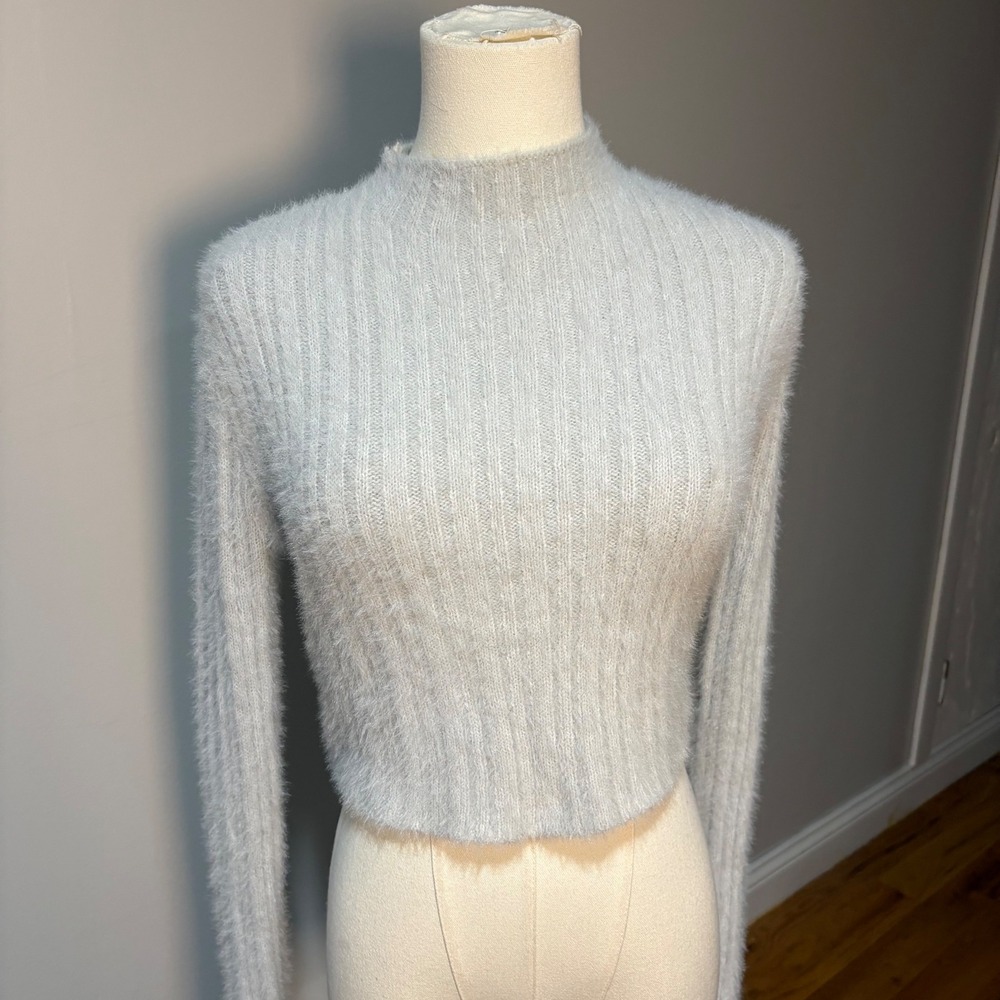Reclaimed Vintage Womens Light‎ Gray Ribbed Fuzzy Cropped Mock Neck Sweater Sz 6